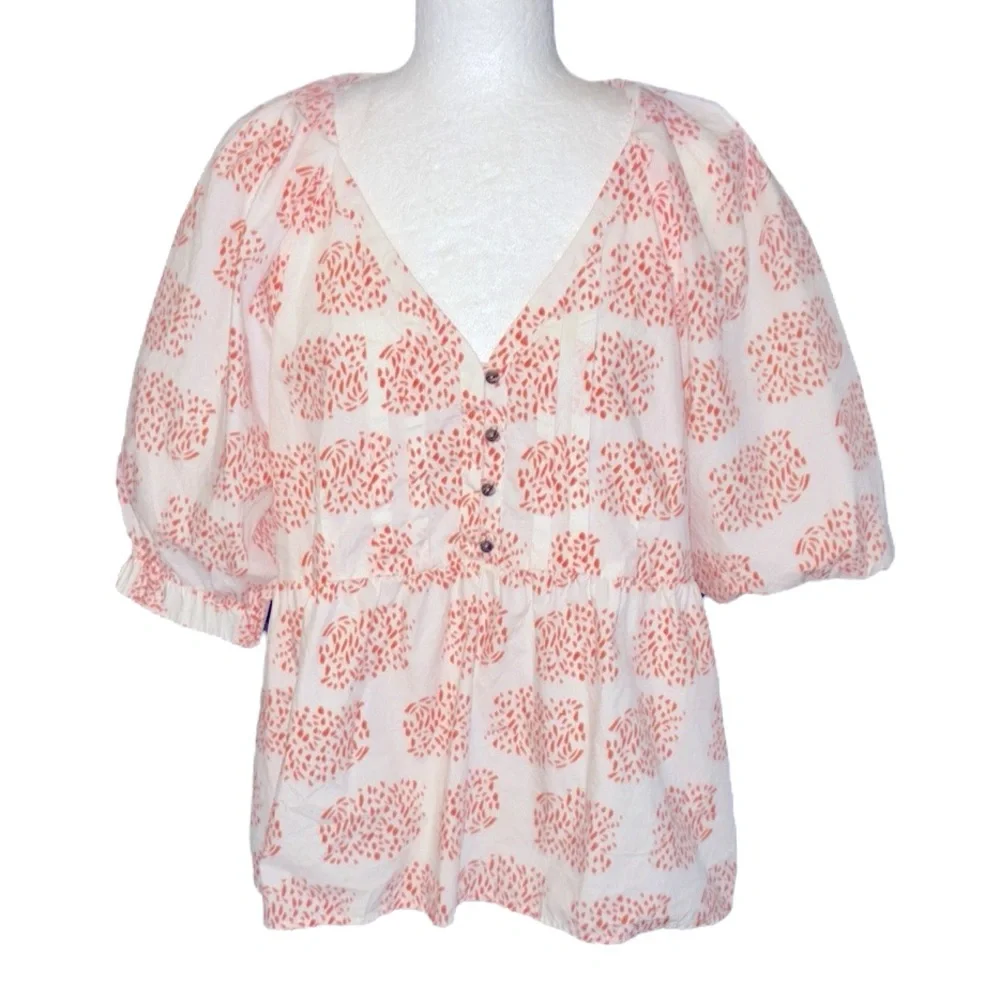 Anthropologie Moglea Danae White & Orange Puff Sleeve Babydoll Poplin Blouse - M